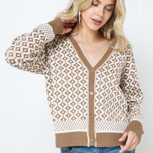 Diamond Geo Design Knit Button Up Sweater